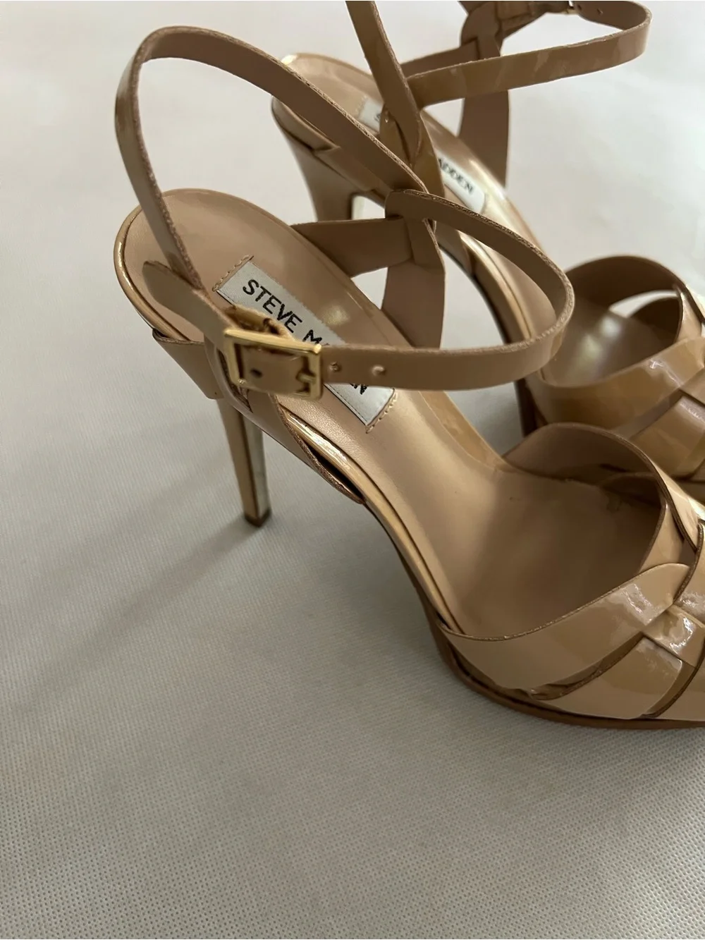 Steve Madden Beige Strappy Patent Leather Heels